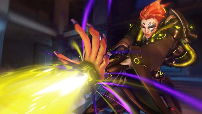 A woman with red hair shoots yellow energy out of her hand.