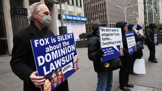 Members of Rise and Resist participate in their weekly "Truth Tuesday" protest at News Corp headquarters on February 21, 2023 in New York City. Text messages and emails between various Fox News hosts and network executives obtained during a defamation lawsuit brought by voting machine company Dominion against Fox News