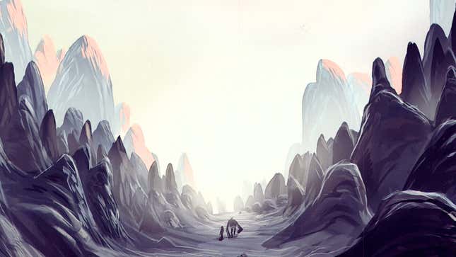 Alyx and Dog walk toward the horizon.