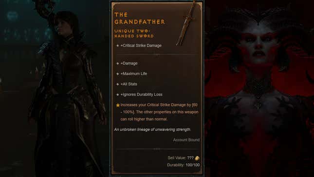 A composite image show stats for the Grandfather sword. 