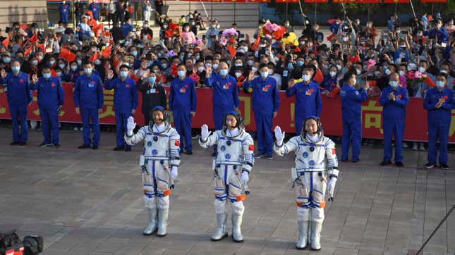 Three astronauts of Shenzhou-16 mission meet the media at a send-off ceremony at the Jiuquan Satellite Launch Center in Jiuquan City, northwest China's Gansu Province, 30 May, 2023.
