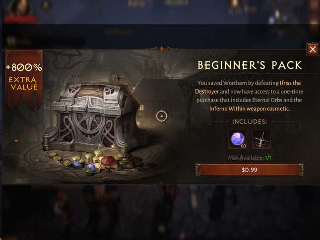 An ad from Immortal that shows a chest worth 99 cents.