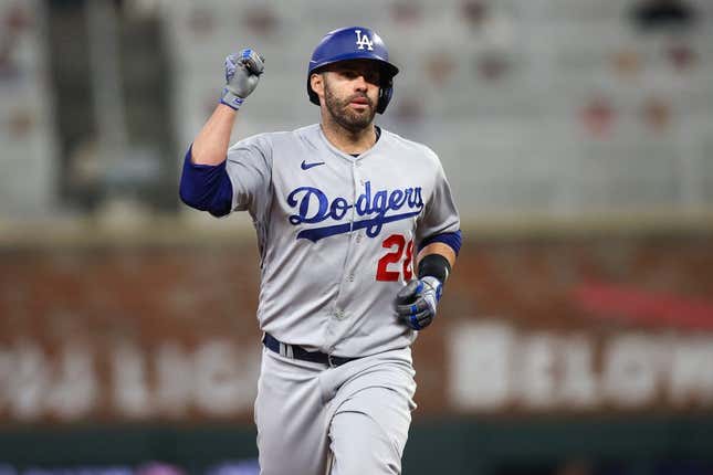 May 22, 2023; Atlanta, Georgia, USA; Los Angeles Dodgers designated hitter J.D. Martinez (28) celebrates after a home run against the Atlanta Braves in the seventh inning at Truist Park.