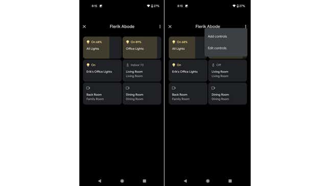  A screenshot showing the smart home controls have been moved to the quick settings in Android 12 Beta 2. 