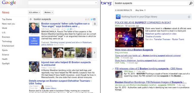 Snapshots of a search for “Boston suspects” in Google News and Bing News shortly after Dzhokhar Tsarnaev was arrested.