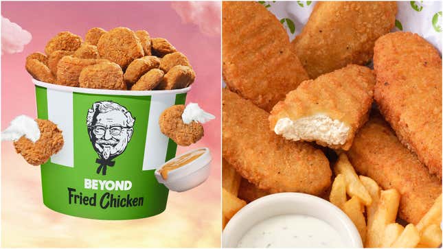 Left: product shot of Beyond Fried Chicken bucket. Right: Cross-section of a Beyond chicken tender. 