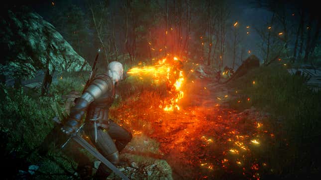 Geralt casts Igni, a fire Sign, at a monster.