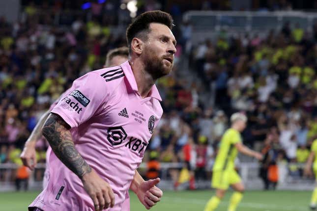 Aug 19, 2023; Nashville, TN, USA; Inter Miami forward Lionel Messi (10) reacts after scoring a goal against Nashville SC during he first half for the Leagues Cup Championship match at GEODIS Park.