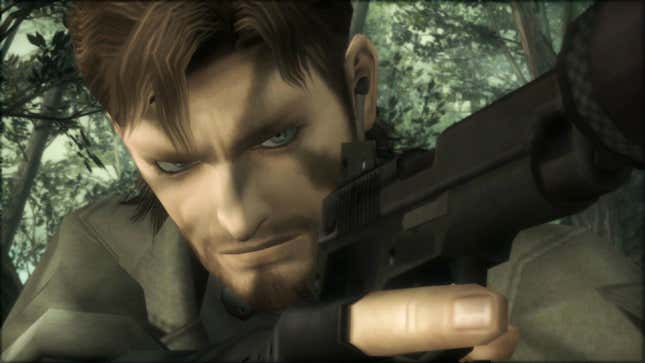 Snake holds a silenced pistol as he moves through the jungle.