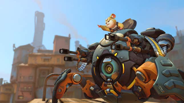 Wrecking Ball points at something off in the distance in Overwatch, Blizzard's shooting game