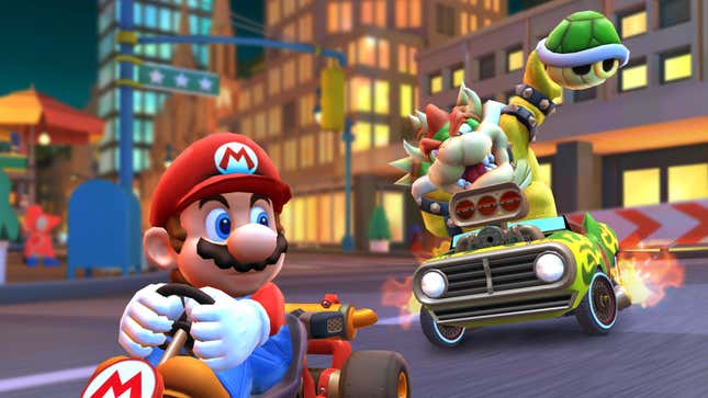 Bowser winds up before throwing his green shell at Mario's kart. 