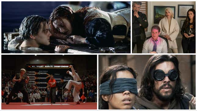 Clockwise from top left: Titanic (Paramount), The Out-Laws (Netflix), Bird Box Barcelona (Netflix), The Karate Kid (Columbia Pictures)