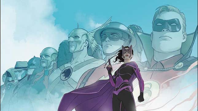 Cover art for Justice Society of America #1, featuring the JSA and Huntress in the foreground. 