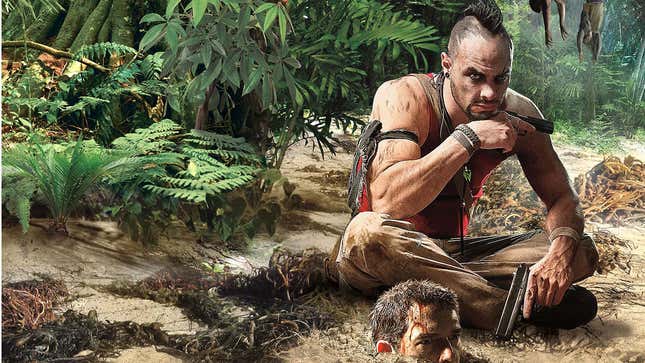Vaas from Far Cry 3 is sitting on a beach holding two pistols near a man buried in the sand. 