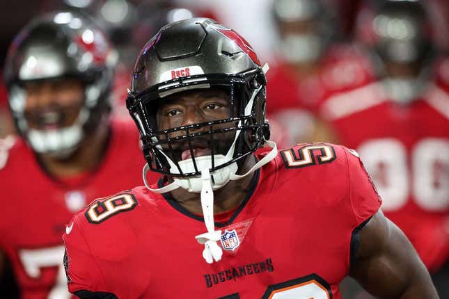Dec 5, 2022; Tampa, Florida, USA;  Tampa Bay Buccaneers linebacker Genard Avery (59) takes the field before a game against the New Orleans Saints at Raymond James Stadium.