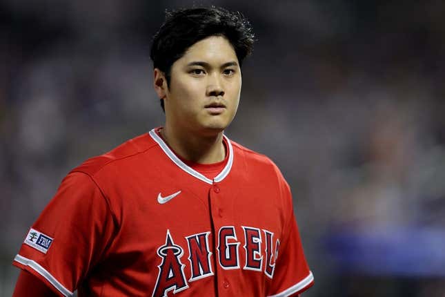 Aug 25, 2023; New York City, New York, USA; Los Angeles Angels designated hitter Shohei Ohtani (17) walks off the field after the top of the fifth inning against the New York Mets at Citi Field.
