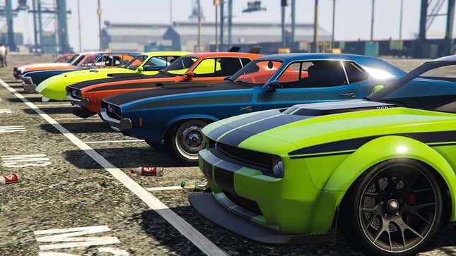 A screenshot of GTA Online shows seven cars lined up together. 
