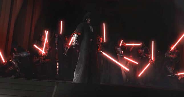 A still from Star Wars: The Old Republic featuring an army of Sith and their red lightsabers. 