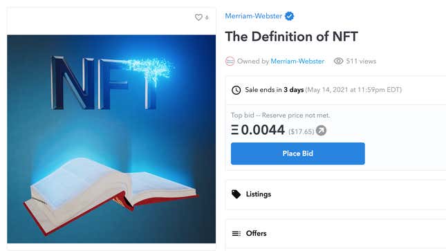 Image for article titled Merriam-Webster Is Selling the Definition of NFT as an NFT, Which Means You Can Own... Something, Sort Of
