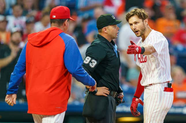 Philadelphia Phillies' Trea Turner reacts to being tossed by umpire Will Little