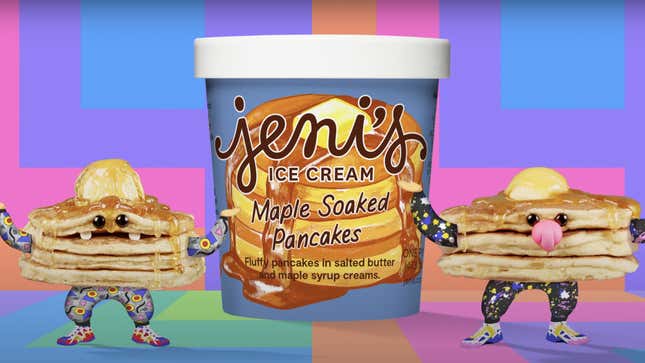 Two sentient stacks of pancakes next to a pint of Jeni's Maple Soaked Pancakes ice cream