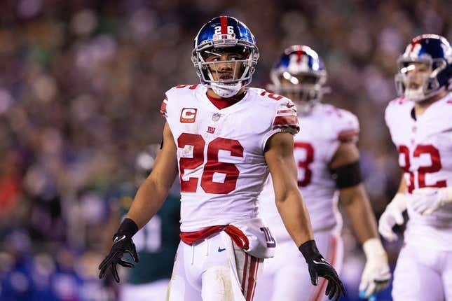 Jan 21, 2023; Philadelphia, Pennsylvania, USA; New York Giants running back Saquon Barkley (26) looks on in the second half against the Philadelphia Eagles during an NFC divisional round game at Lincoln Financial Field.