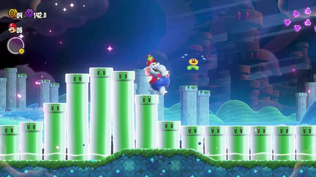 لقطة شاشة من Super Mario Bros. Wonder تظهر ماريو على شكل فيل.