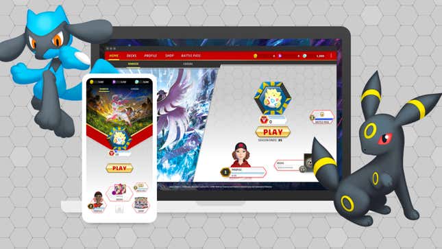 Pokémon characters Riolu and Umbreon flanking a phone and computer displaying the Pokémon card trader game.