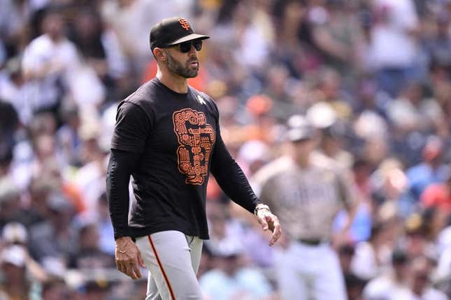 Sep 3, 2023; San Diego, California, USA; San Francisco Giants manager Gabe Kapler walks to the mound during the fifth inning against the San Diego Padres at Petco Park.