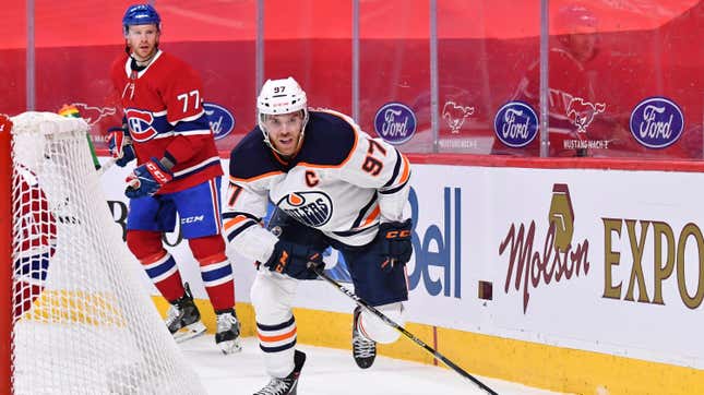  Connor McDavid of the Edmonton Oilers skates against the Montreal Canadiens during the third period at the Bell Centre on May 12, 2021 in Montreal, Canada. The Edmonton Oilers defeated the Montreal Canadiens 4-3 in overtime.
