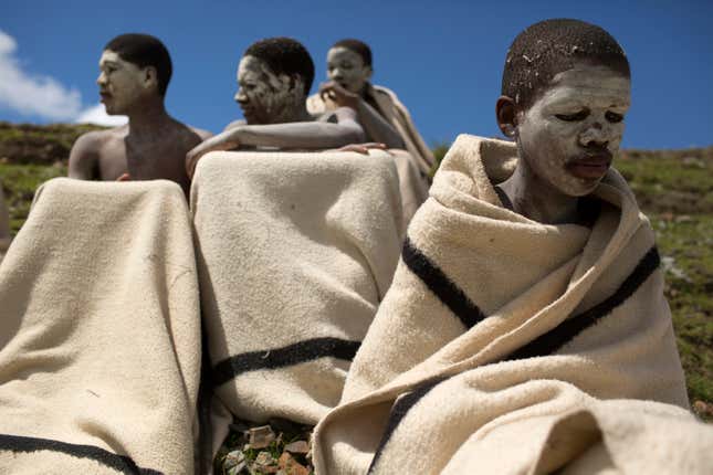 Circumcision initiates on a field in Qunu, in the Eastern Cape, South Africa