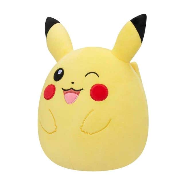 A render of the Pikachu Squishmallow shows the little guy winking and smiling.