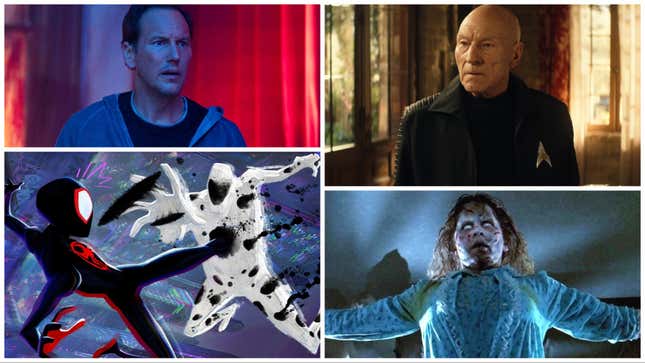 Clockwise from top left: Insidious: The Red Door (Sony Pictures), Star Trek: Picard (Paramount+), The Exorcist (Warner Bros.), Spider-Man: Across The Spider-Verse (Sony Pictures)