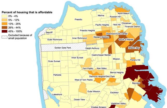 This map shows the proportion of San Francisco housing stock that is affordable to those making 120% of the median income or less.