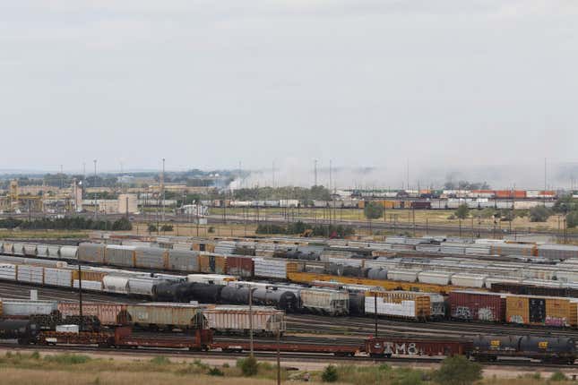 Smoke emanates from a railroad car after an explosion at Union Pacific&#39;s Bailey Yard on Thursday, Sept. 14, 2023, in North Platte, Neb. An explosion Thursday inside a shipping container generated toxic smoke and forced evacuations. (Ryan Herzog/The Telegraph via AP)