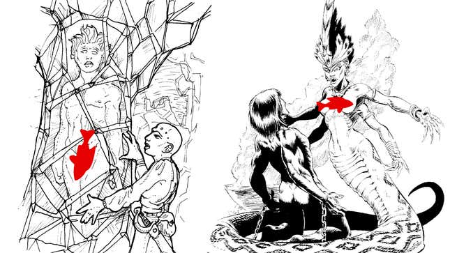 S/Lay w/Me illustrations show naked people obscured by Kotaku's red censorfish bound and chained by monsters. 