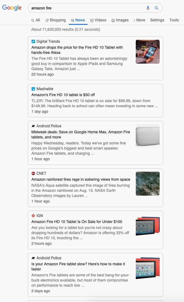 Google News search results for “Amazon fire,” queried on August 21, 2019.