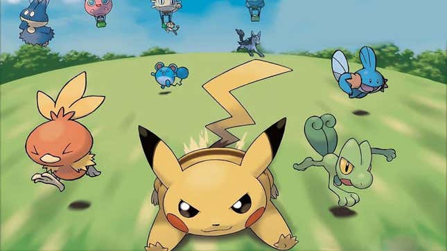 Pikachu, Torchic, Treecko, Mudkip, Marrill, and Mightyena are seen running on a field.