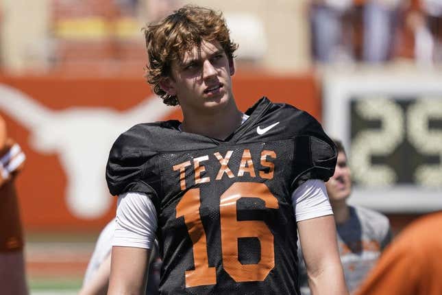 Apr 15, 2023; Austin, TX, USA; Texas Longhorns quarterback Arch Manning (16) on the sidelines during the second half of the Texas Spring Game at DKR- Texas Memorial Stadium.