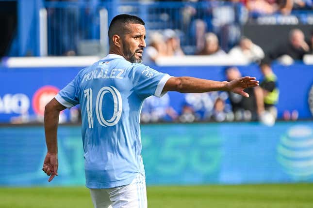 Oct 23, 2022; Montreal, Quebec, Canada; New York City FC midfielder Maxi Moralez (10) signals his teammates against CF Montreal during the first half of the conference semifinals for the Audi 2022 MLS Cup Playoffs at Stade Saputo.
