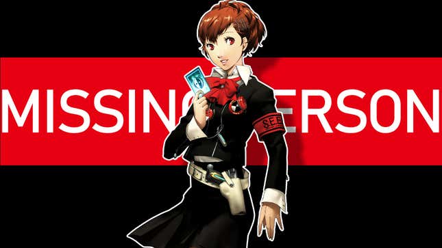 An image of Persona 3 Portable's female protagonist standing in front of 'missing person' text.