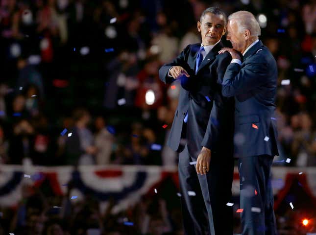 Vice President Joe Biden, right, talks to President Barack Obama at their election night party Nov. 7, 2012, in Chicago.