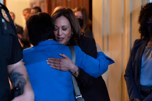 Vice President Kamala Harris hugs Sen. Mazie Hirono, D-Hawaii, after Harris spoke to the media about a procedural vote that did not pass on the Women’s Health Protection Act to codify the landmark 1973 Roe v. Wade decision that legalized abortion nationwide, Wednesday, May 11, 2022, on Capitol Hill in Washington. 