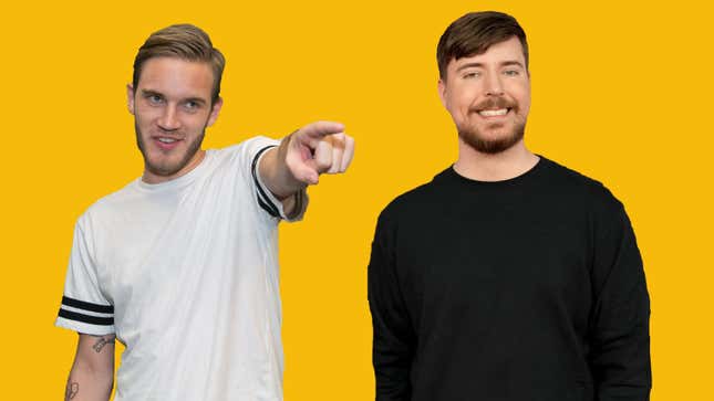 An image of MrBeast and PewDiePie side-by-side against a Kotaku yellow background.