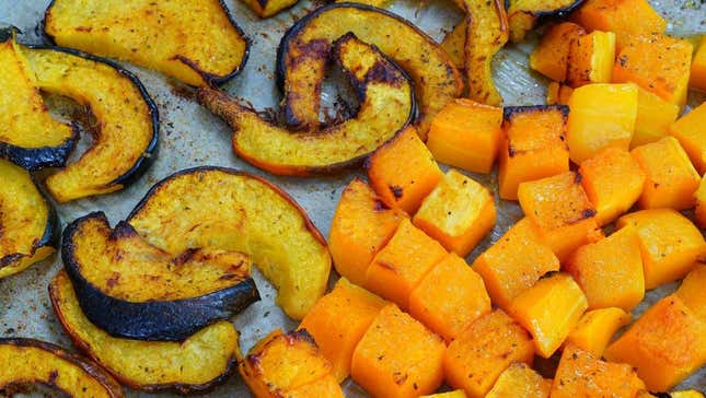 Acorn squash and butternut squash roasted on pan