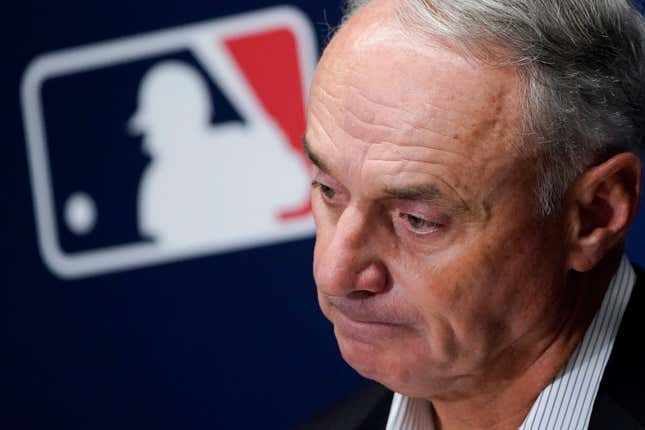 Major League Baseball Commissioner Rob Manfred speaks to members of the media following an owners' meeting