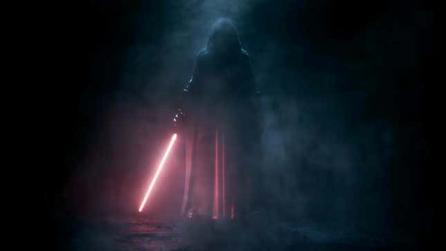 A hooded figure wielding a red-bladed lightsaber stands in a dark, smoky room.