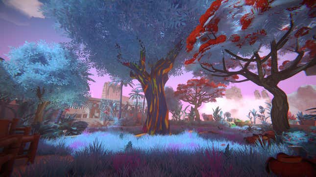 Colorful trees grow in a mysterious grove. 