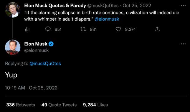 A screenshot of Elon Musk responding to a quote he made about the dangers of low birth rates.