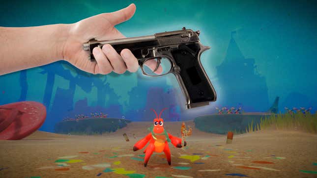 An altered image of Another Crab's Treasure shows a disembodied arm offer Kril a gun. 